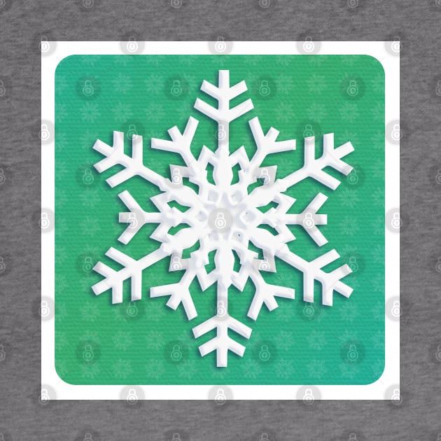 Snowflake Winter Holiday Christmas Kids Party Decoration. White Snowflake on green christmas tree background. by sofiartmedia